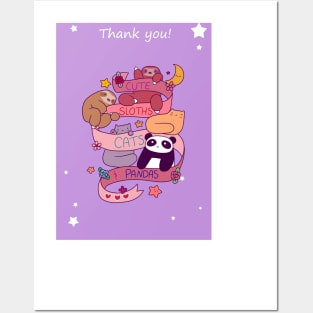 "Thank You" Cute Sloths Cats and Pandas Posters and Art